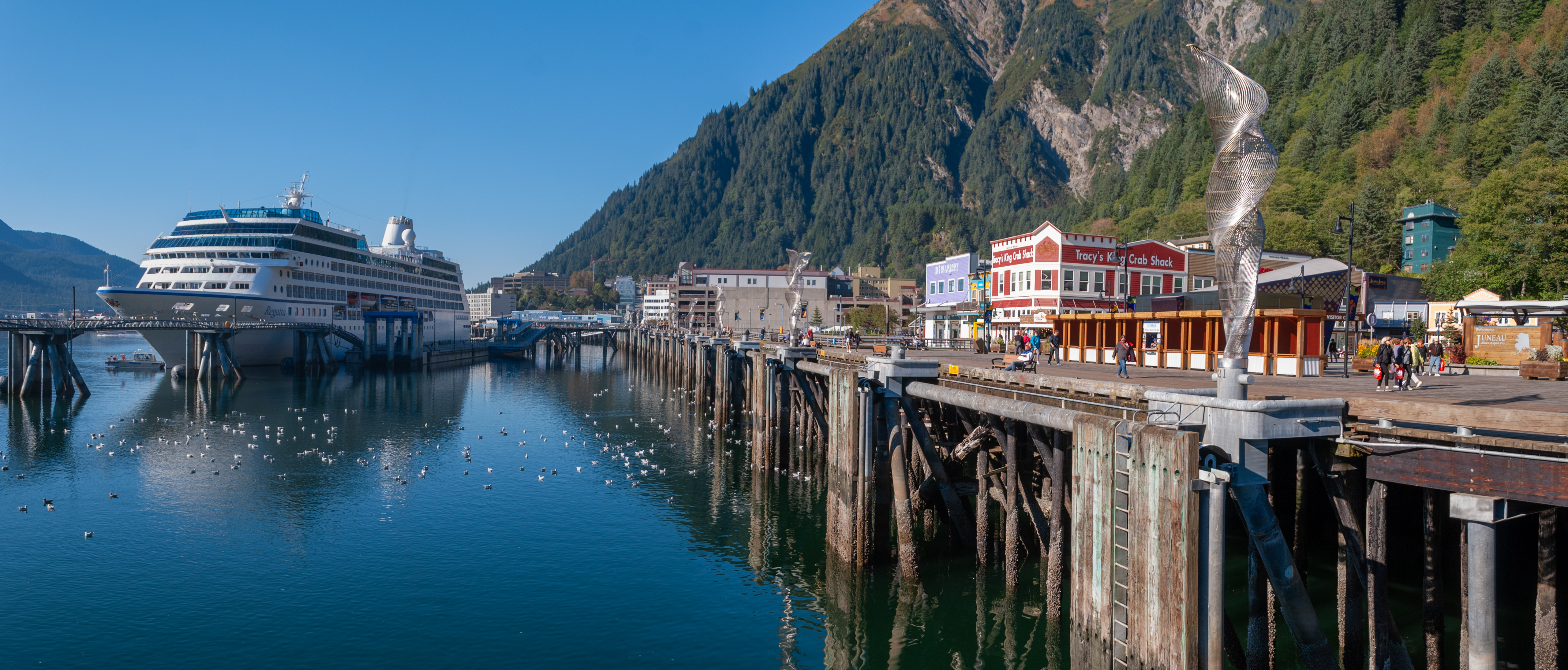 Juneau waterfront with a cruise ship at the harbor